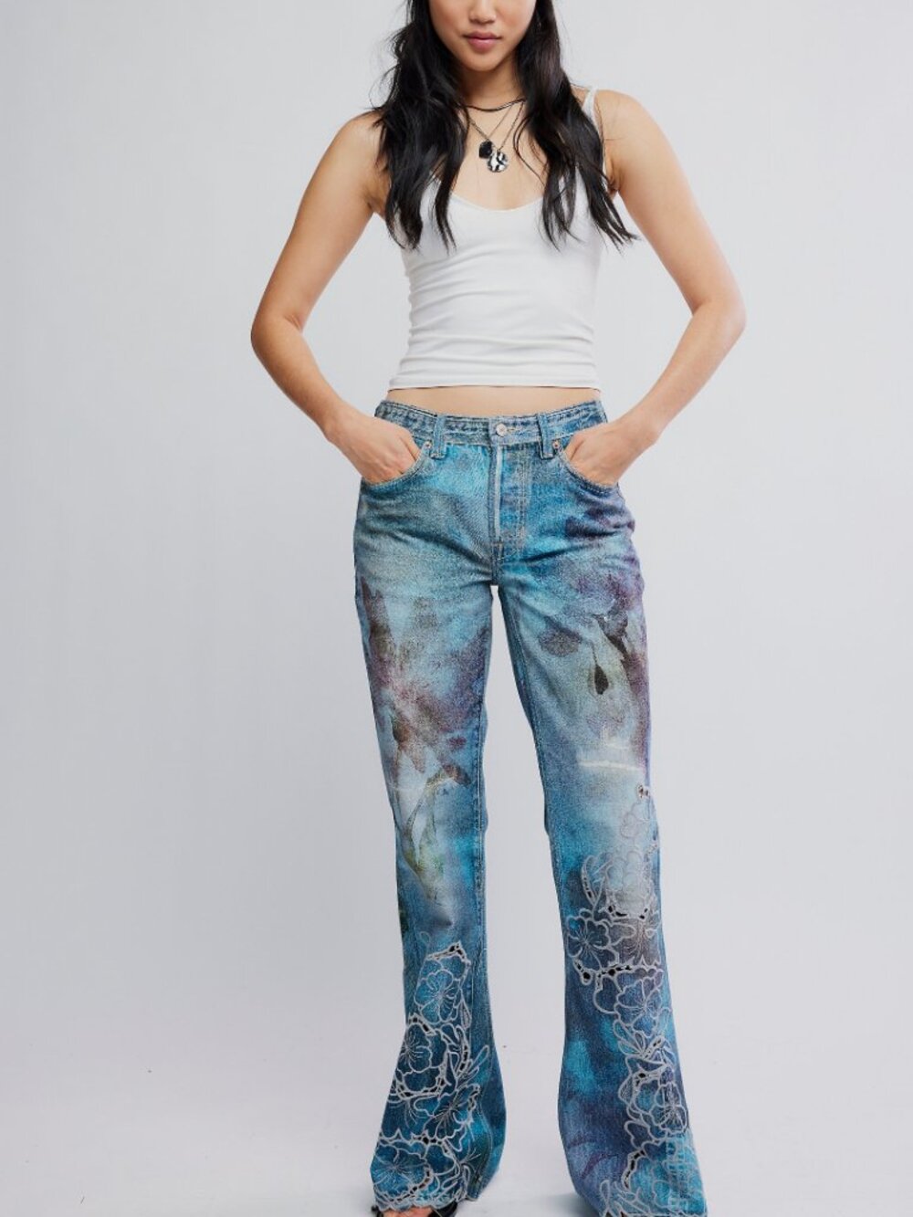 FREE PEOPLE West Coast Illusions & Cutwork Jeans / Watercolor Bloom - Picture 2 of 9